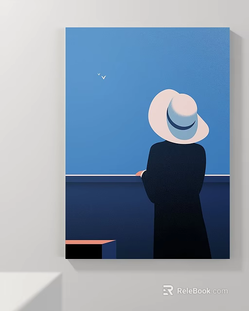 Minimalist Back View Figure Painting With White Hat Blue Sky And Flying Birds 3d model 