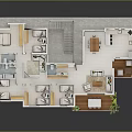 3D House Floor Plan With Room Layout Furniture Stairs And Plants