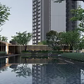 Residential Landscape Design Featuring High rise Buildings Lush Green Trees Water Ponds And Illuminated Paths