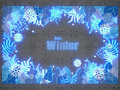 Winter Themed Decorative Display With Blue Leaves Snowflakes And Hello Text 3d model