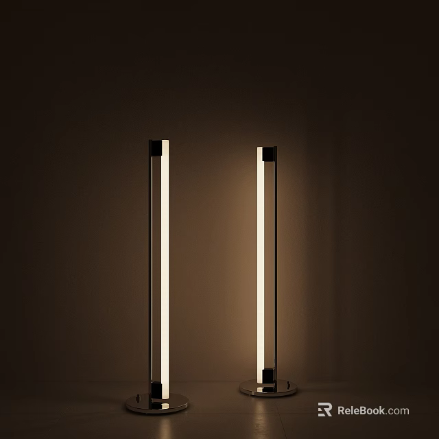 Two Modern Slim Floor Lamps with LED Light Creating Ambient Glow Against Dark Wall 3d model 