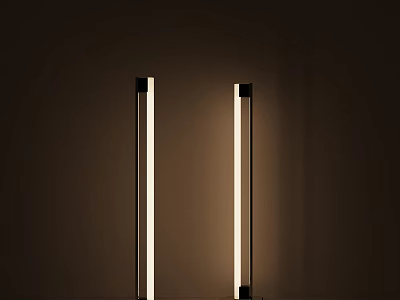 Two Modern Slim Floor Lamps with LED Light Creating Ambient Glow Against Dark Wall 3d model