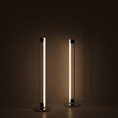Two Modern Slim Floor Lamps with LED Light Creating Ambient Glow Against Dark Wall 3d model