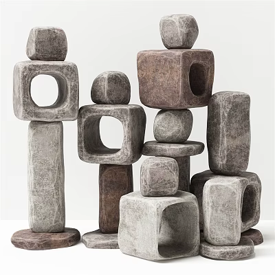 Artistic Stacked Stone and Wood Sculptures With Geometric Hollow Shapes and Textures 3d model