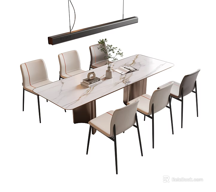 Modern Minimalist Dining Table And Chairs Set With Marble Top Upholstered Seats And Metal Frame 3d model 
