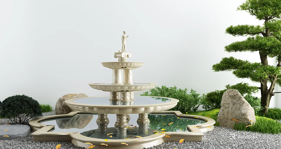 Elegant Multi Tiered Garden Fountain With Statue Green Plants And Stones 3d model 