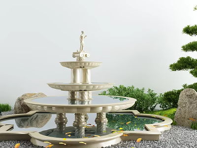 Elegant Multi Tiered Garden Fountain With Statue Green Plants And Stones 3d model
