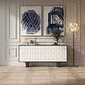 Modern Entryway Console Cabinet With White Drawers Decorative Paintings And Floor Lamp