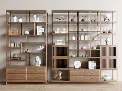 Two Tall Chinese Style Wooden Display Shelves With Porcelain Figurines Books And Drawers 3d model