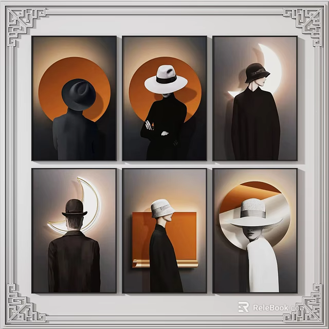 Stylish Portrait Paintings of Hatted Figures on Gallery Wall with Circular Moon Backgrounds 3d model 