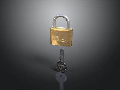 Shiny Golden GOLAGA Padlock With Silver Key On Black Reflective Surface 3d model