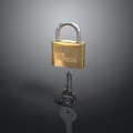 Shiny Golden GOLAGA Padlock With Silver Key On Black Reflective Surface