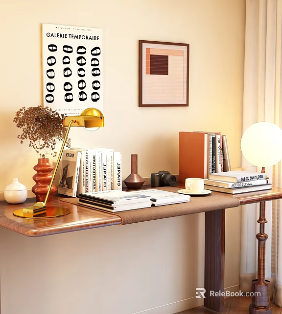 Decorative Ornament Set With Gold Lamp Stacked Books Vase Camera Cup Wall Art On Tabletop 3d model 