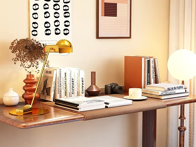Decorative Ornament Set With Gold Lamp Stacked Books Vase Camera Cup Wall Art On Tabletop 3d model