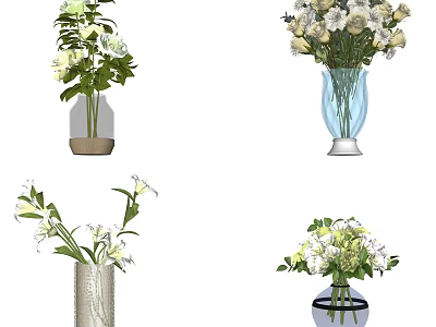 Decorative Vases With Fresh White Flowers In Various Designs And Styles 3d model