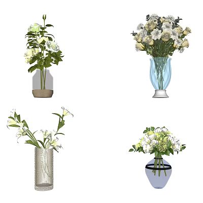 Decorative Vases With Fresh White Flowers In Various Designs And Styles 3d model