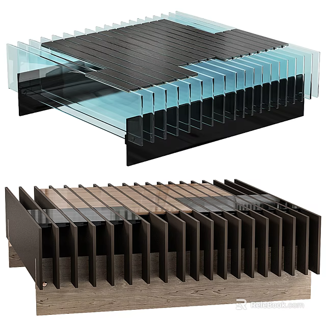 Modern Layered Coffee Table With Glass Surface And Wooden Striped Base 3d model 