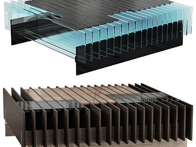 Modern Layered Coffee Table With Glass Surface And Wooden Striped Base 3d model