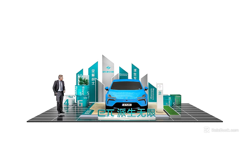 Blue New Energy Vehicle Display with Green Signage and Person at Exhibition Platform 3d model 