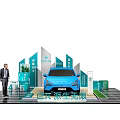 Blue New Energy Vehicle Display with Green Signage and Person at Exhibition Platform