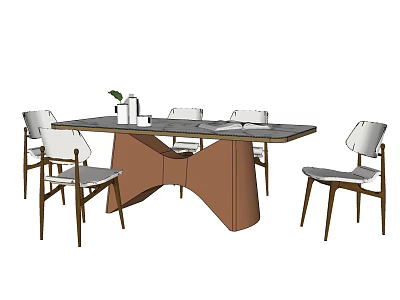 Modern Dining Table Set With Wooden Tabletop Six Chairs And Decorative Vase 3d model