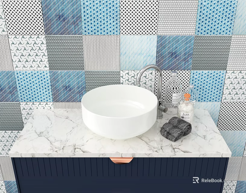 Modern Bathroom Vanity With White Washbasin Marble Countertop And Geometric Tile Background 3d model 