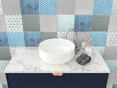 Modern Bathroom Vanity With White Washbasin Marble Countertop And Geometric Tile Background 3d model