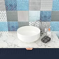 Modern Bathroom Vanity With White Washbasin Marble Countertop And Geometric Tile Background