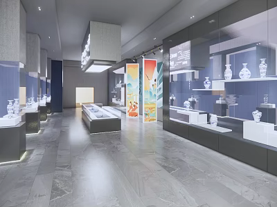 Cultural Center Interior With Spacious Exhibition Hall Display Cabinets And Porcelain Artworks 3d model