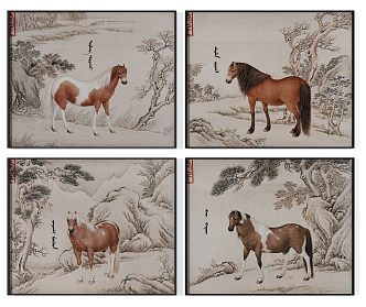 New Chinese animal painting handed down famous painting traditional horse four collage 3d model