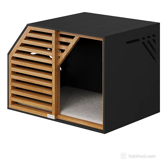 Modern Black Pet House Featuring Wooden Slat Door And Cozy Interior Cushion 3d model 