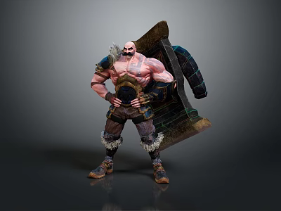 Muscular Bald Bearded Fantasy Warrior Character With Large Shield And Fur Trimmed Pants 3d model