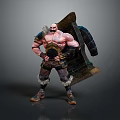 Muscular Bald Bearded Fantasy Warrior Character With Large Shield And Fur Trimmed Pants