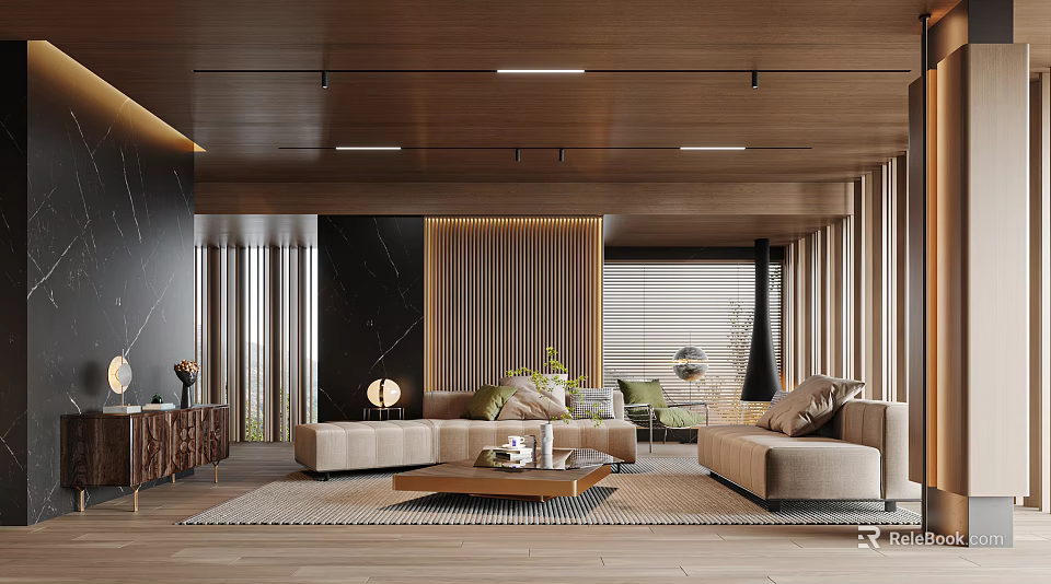 Modern Living Room Interior Design With Wooden Ceiling Beige Sofa And Coffee Table 3d model 