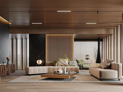 Modern Living Room Interior Design With Wooden Ceiling Beige Sofa And Coffee Table 3d model