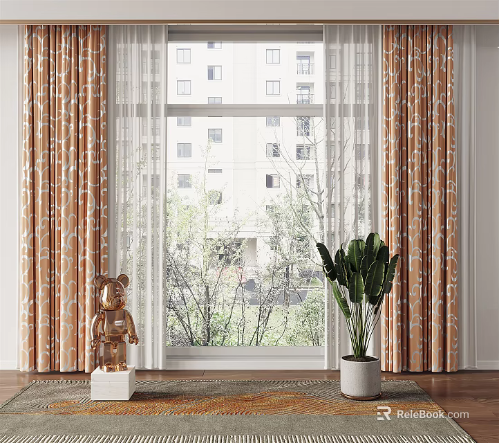 Decorative Orange Patterned Curtains With Sheer Layers And Green Plant By Window 3d model 