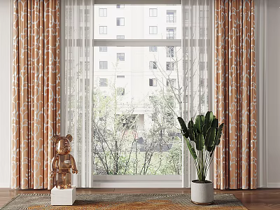 Decorative Orange Patterned Curtains With Sheer Layers And Green Plant By Window 3d model