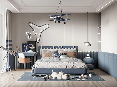 Cozy Kids Bedroom Interior With Blue Headboard Airplane Decor Telescope And Soft Rug 3d model