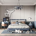 Cozy Kids Bedroom Interior With Blue Headboard Airplane Decor Telescope And Soft Rug