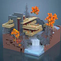 Cartoon Scene Pixel Art Multi Level Building With Orange Trees And Waterfall 3d model