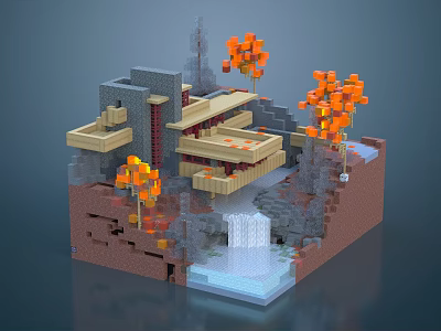Cartoon Scene Pixel Art Multi Level Building With Orange Trees And Waterfall 3d model