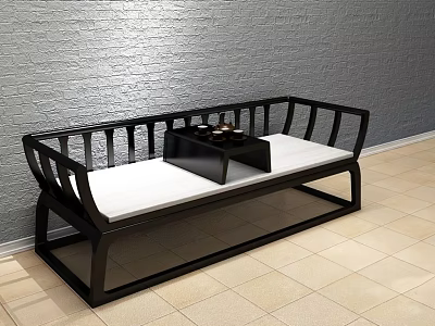 Luohan Bed With Black Frame White Cushion And Small Tea Table On Light Tiled Floor 3d model