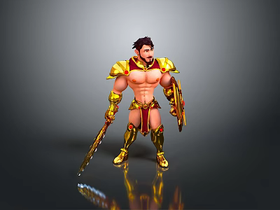 Muscular Man in Gold and Red Armor Holding Spear and Shield 3d model