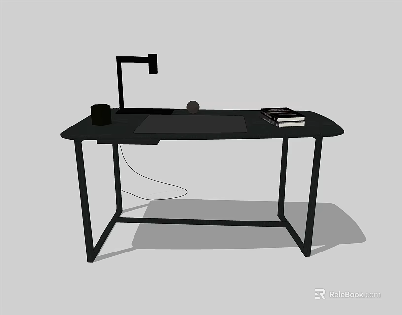 Modern Minimalist Black Desk with Table Lamp Stack of Books and Metal Frame 3d model 