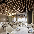 Modern Restaurant Interior With Wooden Grid Ceiling White Dining Chairs And Pendant Lights