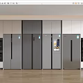Modern Refrigerators and Freezers in Silver Grey Kitchen with Built in Cabinets and Ovens