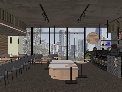 Modern Cafe Interior Design With Large Windows City View Tables Chairs And Bar Counter 3d model