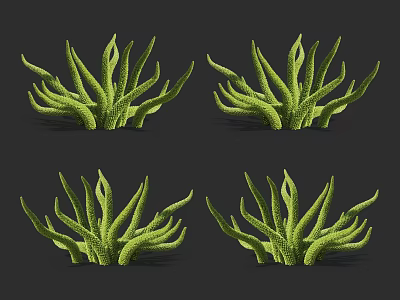 Four Green Leafy Plants With Long Textured Leaves Arranged In Grid On Dark Background 3d model
