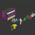 Public Chair in Modern Urban Setting With Bus Shelter Yellow Table White Figure Motorcycle Stairs
