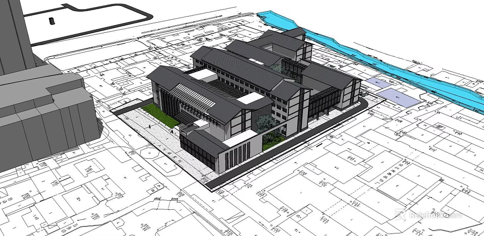 Modern Architectural Design Of Building Complex With Site Plan And Waterfront Area 3d model 